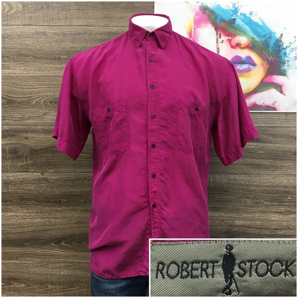 VINTAGE Robert Stock‎ Mens XL Lightweight Silk Short Sleeve Button Down Shirt
